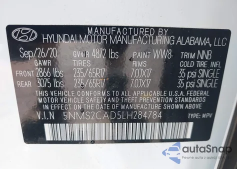 2020 Hyundai Santa Fe Se from USA, damaged, VIN 5NMS2CAD5LH284784